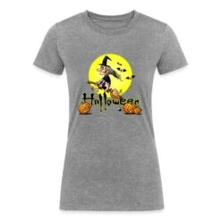 Halloween, Witch On A Broom, Bats And Pumpkins Heather Gray