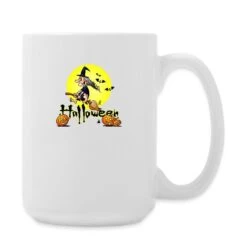 Halloween, Witch On A Broom, Bats And Pumpkins White