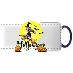 Halloween, Witch On A Broom, Bats And Pumpkins White/Cobalt Blue